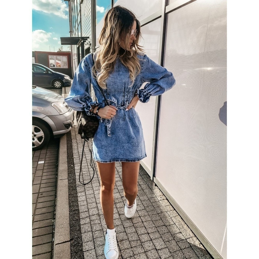 Redial Vintage Acid Wash Denim Collection Puff Sleeve Belted Dress (S)